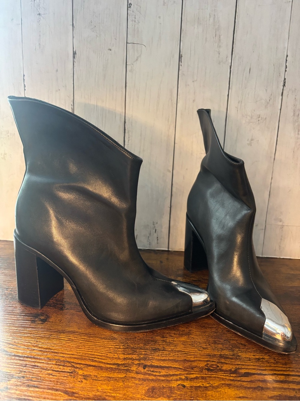 SCHUTZ Black Leather Ankle Boots with Silver Toe Cap